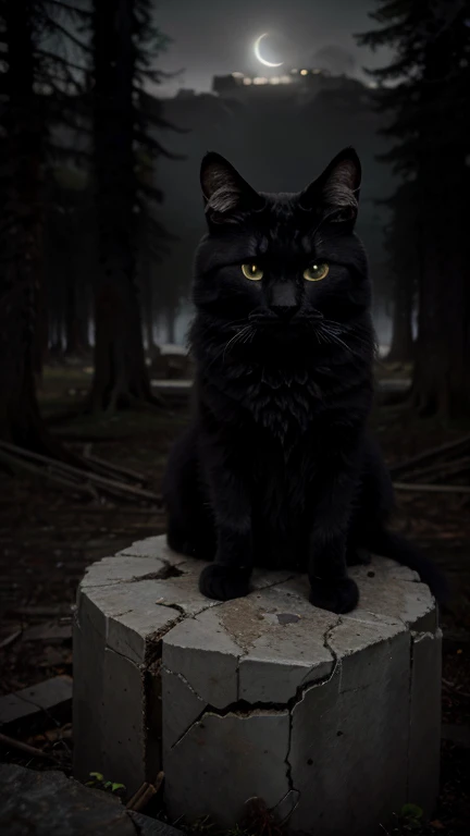 Crea una imagen de un gato negro super peludo, con ojos amarillos, el pelaje del animal debe ser un color negro muy oscuro, horror movie style sitting on a damaged rock with shattered ancient writings, en medio de un bosque oscuro en la noche con una luna ...