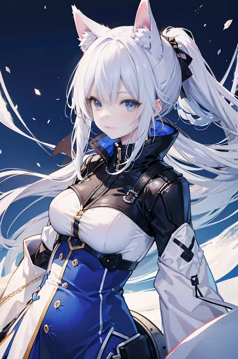 4K,high resolution,A woman,Silver Hair,Short Ponytail,Wolf ears,Wolf Tail,blue eyes,Large Breasts,,,Snow Scene,Show your shoulders,Combat uniform,Pregnant