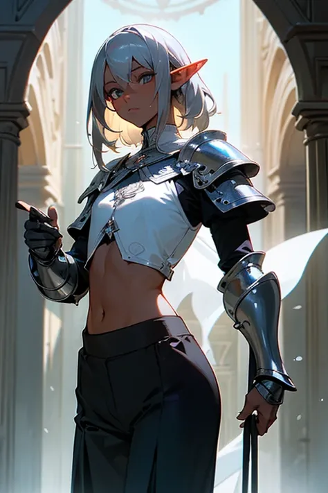 Best image quality, Excellent details, Ultra-high resolution, Best illustrations, Favorite Details, Very condensed one girl, Delicate and beautiful features, Dark skin, Medium Silver Hair, Androgynous, Black Pants, elf boy, Medieval Armor, Crop top