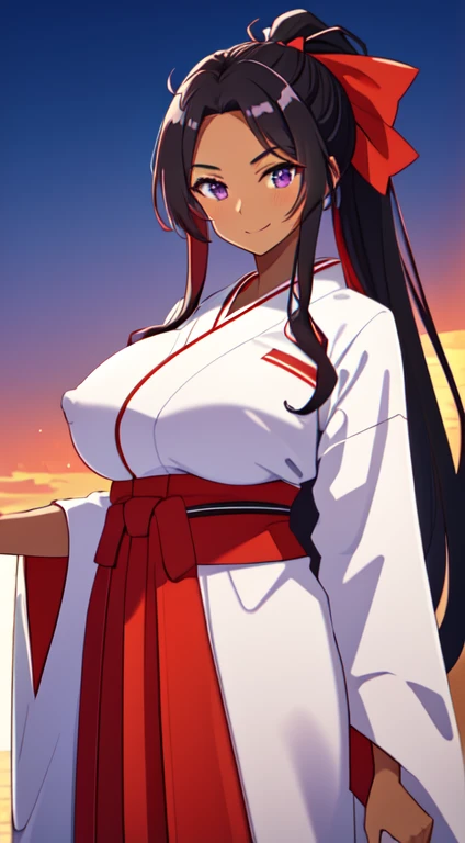 masterpiece, best quality, anime Illustration, 4k, 1 girl, solo, standing, long hair, black hair, violet eyes, high ponytail, red hair ribbon, red ribbon, red hakama and white kimono, thin fabric, nipples, erect nipples, big breasts, huge breasts, looking_...