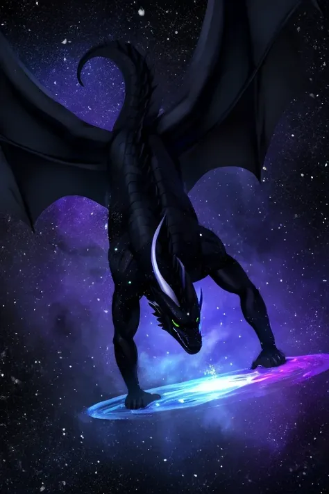 , (((black dragon looking space entity flooting in space with black smoke and particles coming off of him space entity fur))) , ...