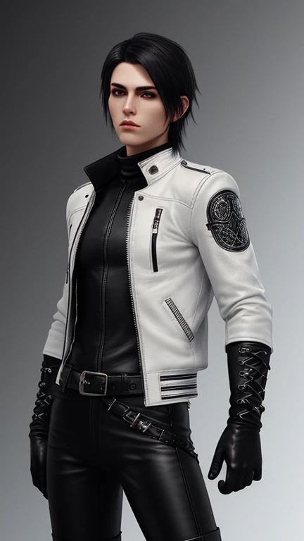 Final Fantasy-inspired graphics, Young, cute and cool Japanese boys, Thin eyebrows and big eyes,  He is wearing a shiny off-white leather single-breasted jacket., with epaulettes,  The jacket is zipped up, The pattern on the jacket is a little black line.,...