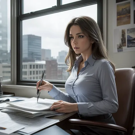 Cinematic scene, a caucasian female accountant is working on piles of files in a dull desk office, gray, a window shows gray cloudy sky, masterpiece, best quality, high quality, highres, Art by Neal Adams, (Masterpiece:1.3), (best quality:1.3),