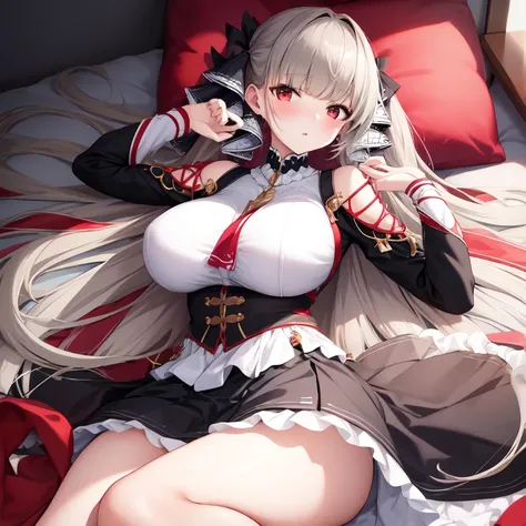 (masterpiece, Best quality1.2),illustration,8k,HD,1 Girl,Solitary,hands up,(portrait:1.2),long_hair,Large target_breast,Red_Eye,Very_long_hair,Bangs,Double tail,ribbon,grey_hair,cleveage,hair_ribbon,Two-color_ribbon,between_breast,Black_skirt,skirt,decorat...