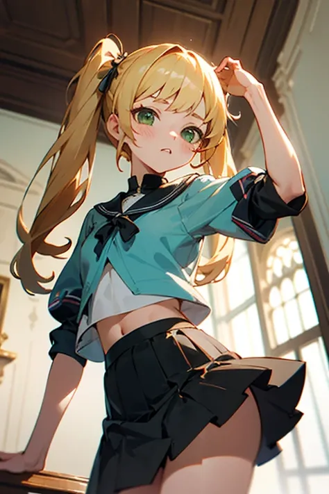 ((best quality)), ((masterpiece)), (detailed), perfect face, , rich, green eyes, blonde hair, twintails, skirt, midriff, girly room, short, bratty, princess, young