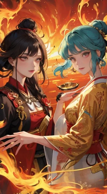 Two women, clad in antique Chinese attire, stand back to back against the breathtaking backdrop of a sea of fire. Their faces, of best quality, are clear and radiant, with intricately detailed features and fine textures that truly pop in 8K resolution. The...