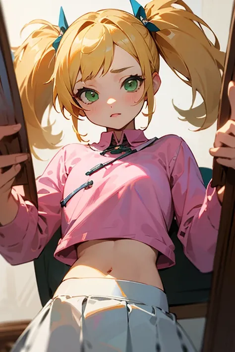 ((best quality)), ((masterpiece)), (detailed), perfect face, , rich, green eyes, blonde hair, twintails, skirt, midriff, girly room, short, bratty, princess, young, pink shirt, white skirt