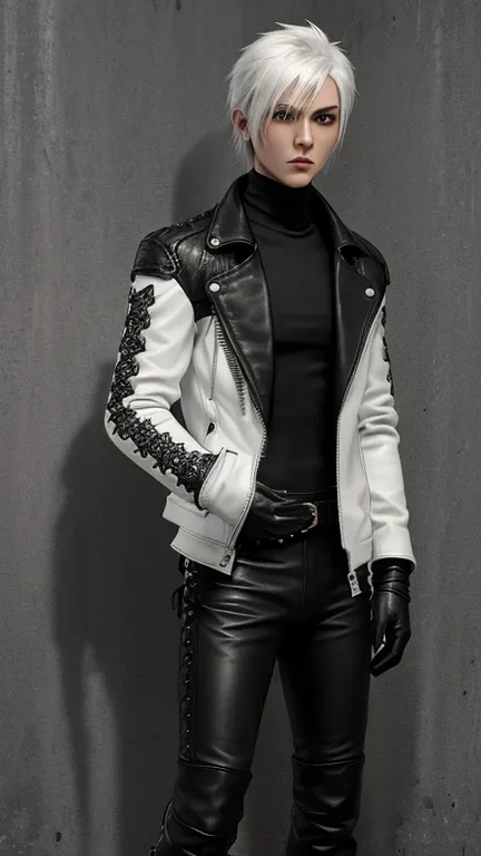 Final Fantasy-inspired graphics, Young, cute and cool Japanese boys, Thin eyebrows and big eyes,  He is wearing a shiny off-white leather single-breasted jacket., with epaulettes,  The jacket is zipped up, The pattern on the jacket is a little black line.,...