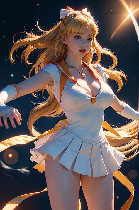 masterpiece, best quality, high resolution, SV1, 1 Girl, Solitary, sailor suit warrior, Sailor Venus, Blonde hair, Magical girl, (blue eyes:0.8), orangeskirt, Elbow gloves, Headdress, Pleated Skirt, Hairpin, Orange sailor collar, mini skirt, Necklace, Red ...