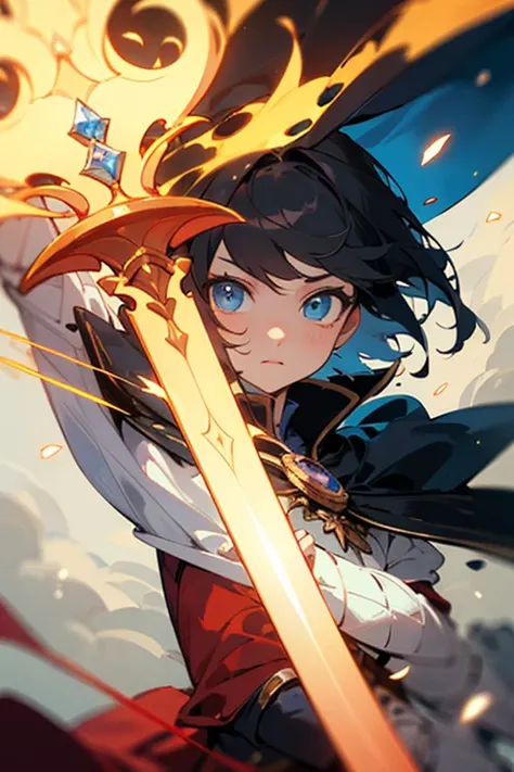 ((best quality)), ((masterpiece)), (detailed), perfect face
1 girl
Diamond blue eyes emitting light and black hair
Magical hat and cape
red Mage armor
magic staff and sword enchanted with fire
Bear