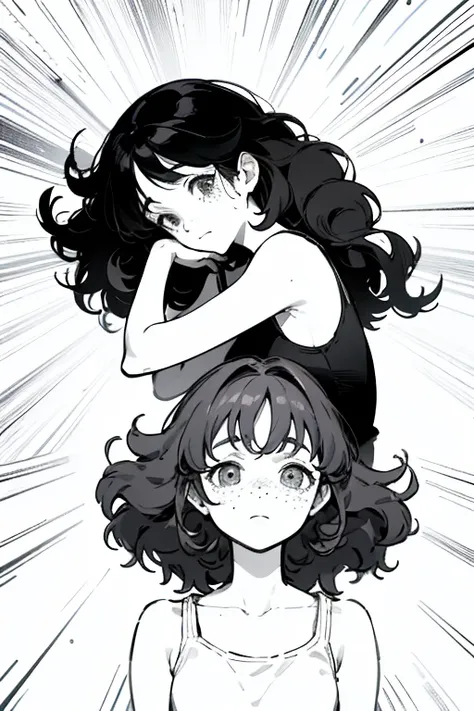 ((highest quality)), ((masterpiece)), (be familiar with), Perfect Face、Girl、Line art、Anime Style、Black tank top、Show the whole body、draft、Monochrome、Long Hair、Black Hair、cool、Calm、jeans、Very droopy eyes、upright、freckles、peek、Extremely curly hair、Curly hair...