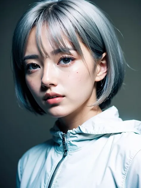 ((highest quality)), ((masterpiece)), (detailed), Perfect Face, Cool eyes, Fair skin, Short Bob Hair, Bluish grey hair, White rubber jacket, White rubber jacket, High neck collar, detailedな全身画像