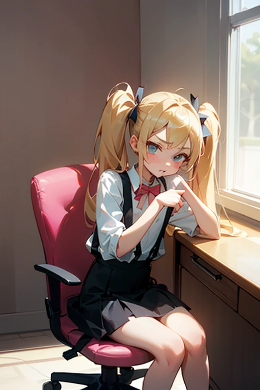 1 girl, cute, , flat chested, pouty, bratty, blonde hair, twintails, long hair, cute, bratty, teasing look, dim lighting, sitting in desk chair, pink room, cute room, white chair, lolita,Suspenders skirt
