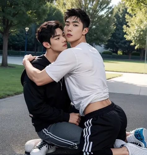 2 handsome guy fucking，kpop idol, chinese Handsome actor，manly, kissing , hug, cuddle, skin ship, penetrate, lift position, Male college student， in the park，musculous，hairy bodies，athletic sneakers，Black socks，Abs, chest muscle, loom，Gray tracksuit sweatp...