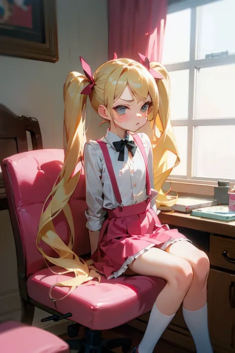 1 girl, cute, , flat chested, pouty, bratty, blonde hair, twintails, long hair, cute, bratty, teasing look, dim lighting, sitting in desk chair, pink room, cute room, white chair, lolita,Suspenders skirt
