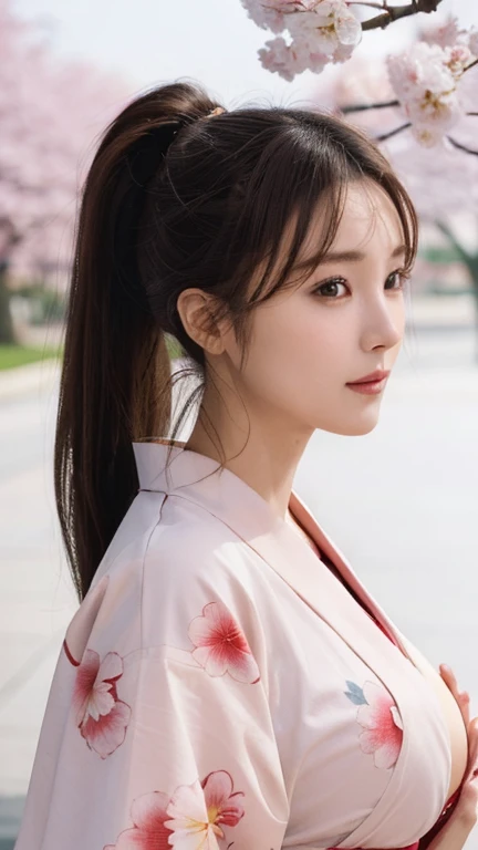 (best quality, 8k, masterpiece: 1.3), ((((((extremely giant breasts: 0.8))))), single ponytail, (beautiful face:1.3), Cherry blossoms are in full bloom, full of cherry blossoms, Floating cherry petals, Gorgeous, authentic kimono , full body 