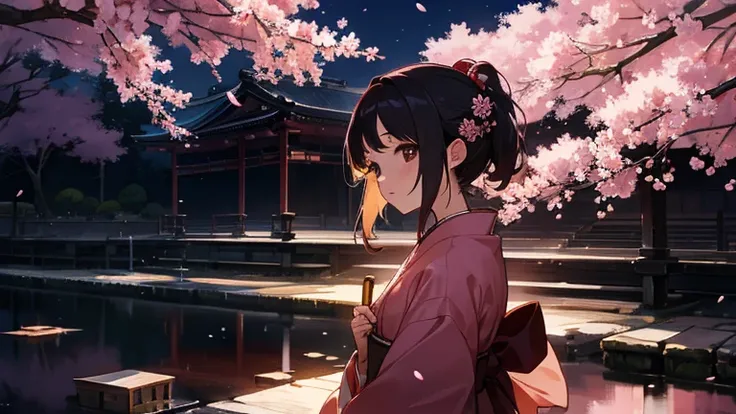 Kyoto, Japan　As the cherry blossoms fall at night　Twilight Beautiful Girl　Japanese anime style