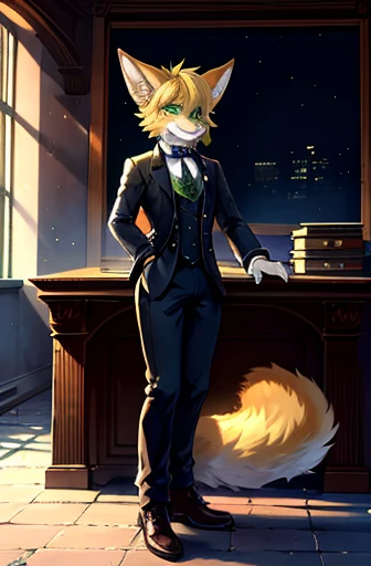 Perfect face, high quality, traditional architecture, office, solo, male, anthro, slim, victorian era suit, fancy boots, grin, green eyes, golden fur, medium length hair, detailed hair, vulpine features, leaning on desk, facing camera, masculine, perfect a...