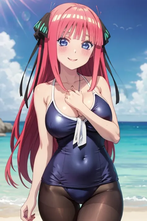 best quality, ultra-detailed masterpiece, anime art style, cute characters, nino nakano, one-piece swimsuit, large breasts, pantyhose, blush, smile