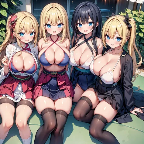 highest quality,wonderful,finely,extremely detailed CG Unity 8K wallpaper, (3 girls, cute eyes), (sparkling eyes), (japanese swimwear:1.1), (huge breasts), (open mouth:1.1), (long tongue:1.1), (mouth drool:1.1), (black stockings:1.1),(Thighs:1.1),(Waistlin...