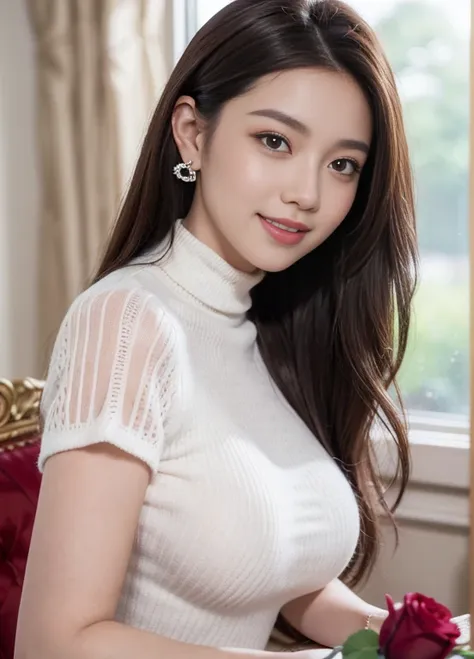 (female, 22 years old), (medium big breasts:1.3), rose garden、lots of red roses on the background、 ((grab the viewer's hand)), (...