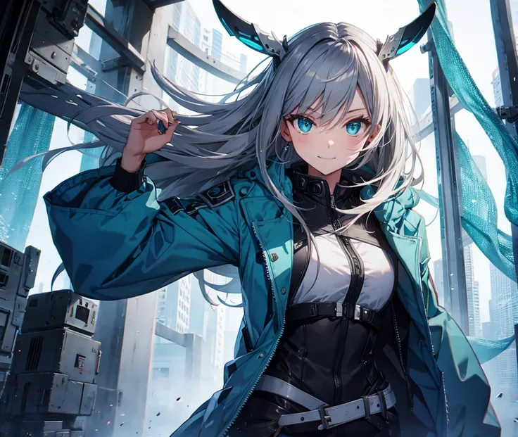 【highest quality】 [girl, coat, expressionless, turquoise eyes, gray hair, jacket, gorgeous dress] strong smile