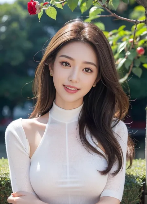 (female, 22 years old), (medium big breasts:1.3), rose garden、lots of red roses on the background、 ((grab the viewer's hand)), (...