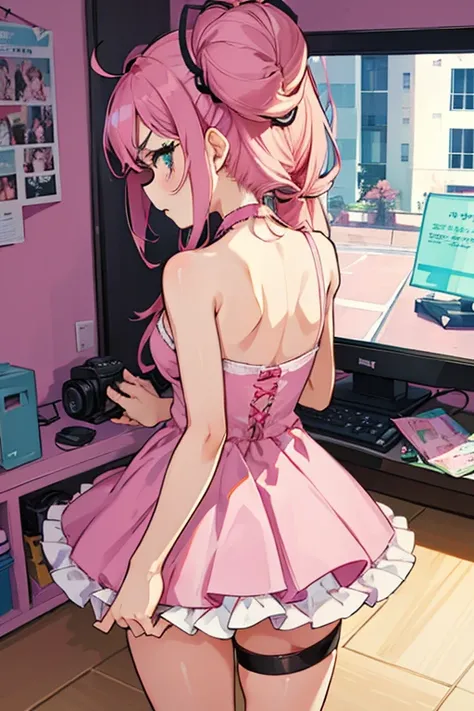 Girls with pink hair, long double-tailed hairstyle, ((small pink bushy eyebrows)), dressed in lolita clothes, marked vagina, lolicon (Zankuro) drawing style by zankuro artist, Zancro style, image uploaded to R34, changing of clothes in a room, semi naked w...