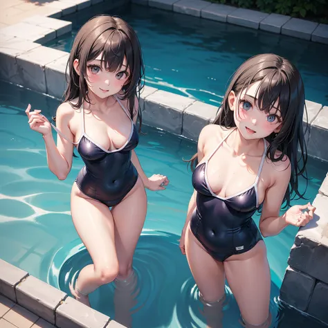 (Old school swimsuit:1.3、Face Enhancement:1.3, From above:1.3)、14 years old、Absurd、Detailed Hair、Flat lighting、Elevation、Sexy pose、Cowboy Shot、highest quality、Intricate and detailed、Surreal、perspective, Very detailed, Detailed Background, figure、1 girl、one...