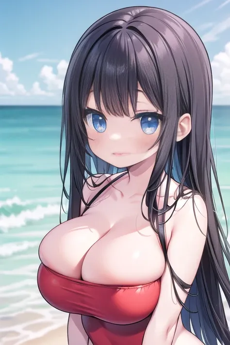 ((best quality)), ((masterpiece)), (Perfectly detailed), (Solo), (Perfect Lighting),  A Cute Girl, ((Overwhelmingly Massive, Enormously Exaggerated, Excessively Gigantic, Absurdly Huge Boobs)), (Long Brunette hair), Beautiful Blue eyes, on the beach, prett...