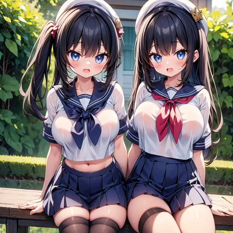 highest quality,wonderful,finely,extremely detailed CG Unity 8K wallpaper, (3 girls, cute eyes, sailor uniform, clothed), (huge breasts), (open mouth:1.1), (long tongue:1.1), (mouth drool:1.1), (black stockings:1.1),(Thighs:1.1),(Waistline:1.1)