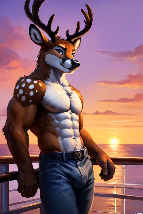 ((anthropomorphic Deer)) with He has all black eyes
Brown fur bright random white spots and muscular And antlers , big chest, day, sexy, sensual, detailed, uploaded to e621, beautiful and detailed portrait of an anthropomorphic Deer with He has all black e...