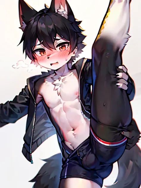 1 boy, Wolf,young people，Black fur，Topless，Plain white briefs，blush