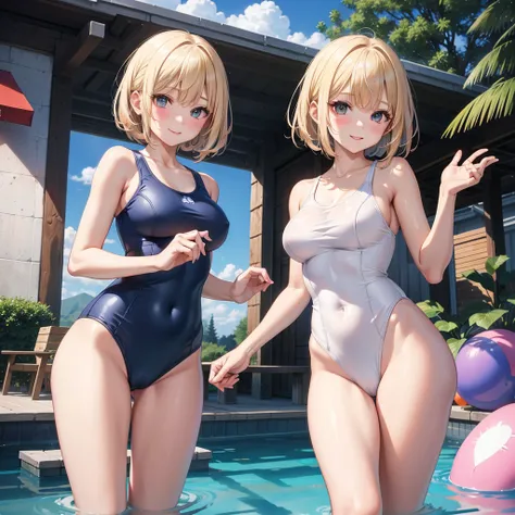 girl、(((one person)))、(School Swimsuit:1.3、Face Enhancement:1.3, )、14 years old、Absurd、Detailed Hair、Blonde、Medium Bob、Sexy pose、Cowboy Shot、highest quality、Super detailed、Surreal、perspective、Very detailed、Detailed Background、C cup bust、Thighs、A light smil...