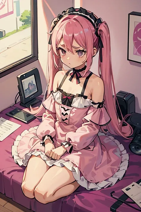 Girls with pink hair, long double-tailed hairstyle, ((small pink bushy eyebrows)), dressed in lolita clothes, marked vagina, lolicon (Zankuro) drawing style by zankuro artist, Zancro style, image uploaded to R34, changing of clothes in a room, semi naked w...