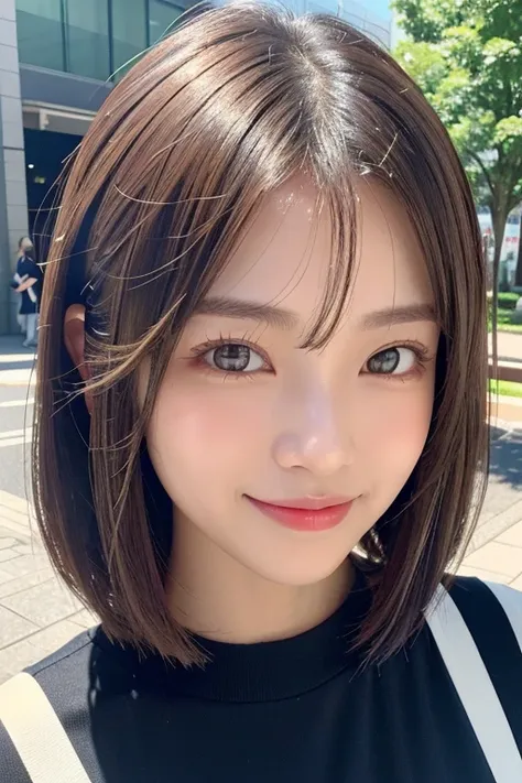 (((definitely a shoulder-length, short, straight brown bob)))、(((she is posing like a hair salon model with a summer park in the...