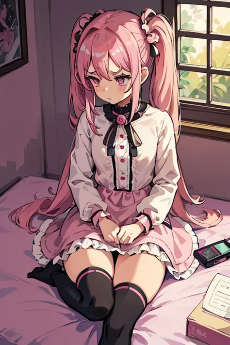 Girls with pink hair, long double-tailed hairstyle, ((small pink bushy eyebrows)), dressed in lolita clothes, marked vagina, lolicon (Zankuro) drawing style by zankuro artist, Zancro style, image uploaded to R34, changing of clothes in a room, semi naked w...