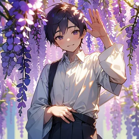 Many wisteria flowers drooping。A boy in a shirt is standing smiling and waving。pale background。Warm atmosphere。Beautiful wisteria。