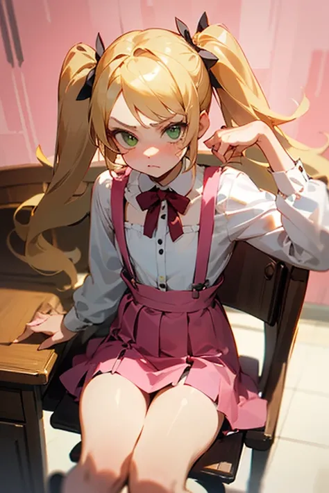 1 girl, cute, , pouty, flat chested, bratty, blonde hair, twintails, long hair, cute, bratty, teasing look, dim lighting, sitting in desk chair, pink room, cute room, white chair, lolita,pink suspenders skirt, green eyes, sassy, small
