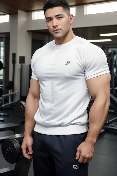 masterpiece, best quality, high resolution, Practical, Handsome, Photogenic, Shank, SFW,  A photo of a 35-year-old gym fraternity (man:1.2) portrait, Standing in the gym , Do military news, weight, amazing , Short flat head,Stubble , (muscular),Looking at ...