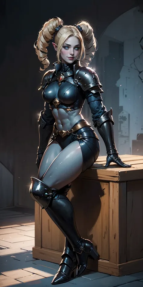 full body sitting on a bench showing ass to me, BLUE breastplate, BLUE skin (1girl)(BLUE skin:1.2), looking at viewer, shiny, armor, thigh highs, high boots, pauldrons shoulder armor, faulds, poleyn, gloves, gauntlets, rerebrace armored boots, (masterpiece...