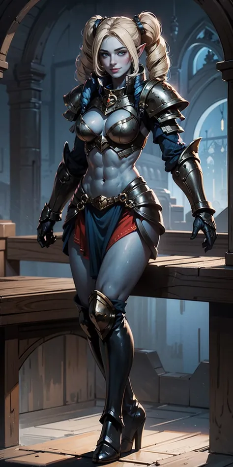 full body sitting on a bench showing ass to me, BLUE breastplate, BLUE skin (1girl)(BLUE skin:1.2), looking at viewer, shiny, armor, thigh highs, high boots, pauldrons shoulder armor, faulds, poleyn, gloves, gauntlets, rerebrace armored boots, (masterpiece...