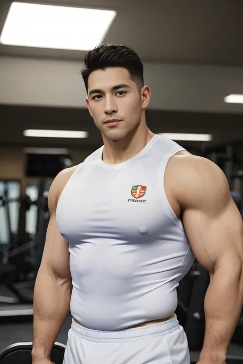 masterpiece, best quality, high resolution, Practical, Handsome, Photogenic, Shank, SFW,  A photo of a 35-year-old gym fraternity (man:1.2) portrait, Standing in the gym , Do military news, weight, amazing , Short flat head,Stubble , (muscular),Swelling of...