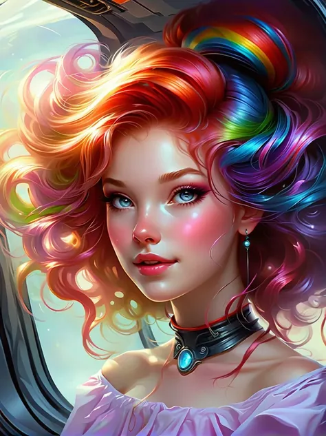 best quality, masterpiece, 8k, Raw (Top view) ((cute redhead，With rainbow-colored hair tips:1.2)), ribbon on hair, 18-year-old female, Happy, Excited expression, Smile, Double tail, Perfect eyes, clear shining blue eyes, Pale skin, silky smooth skin, Porce...