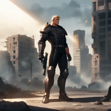 1guy, muscular, gunslinger in sf, solo, male ideal ratio body proportions, latex uniform, fullbody, 50yo, facial wrinkles, blonde, crewcut, wolfcut, wideshot, looking at veiwer, trench coat, Post-apocalyptic, ruined city, [gauntlet, shoulder armor, greaves...