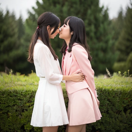 Two Japanese elementary school girls in revealing clothes kissing