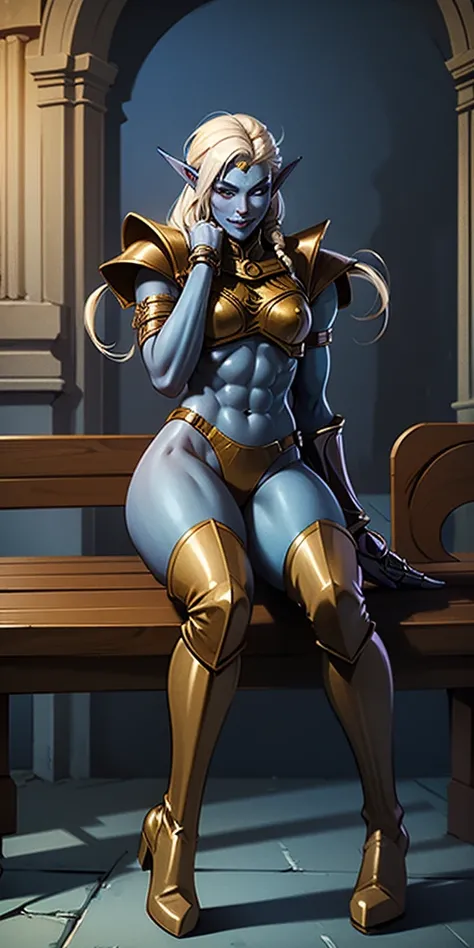 full body sitting on a bench showing ass to me, BLUE breastplate, BLUE skin (1girl)(BLUE skin:1.2), looking at viewer, shiny, armor, thigh highs, high boots, pauldrons shoulder armor, faulds, poleyn, gloves, gauntlets, rerebrace armored boots, (masterpiece...