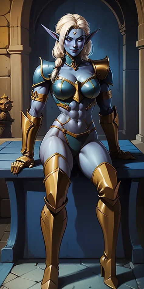 full body sitting on a bench showing ass to me, BLUE breastplate, BLUE skin (1girl)(BLUE skin:1.2), looking at viewer, shiny, armor, thigh highs, high boots, pauldrons shoulder armor, faulds, poleyn, gloves, gauntlets, rerebrace armored boots, (masterpiece...