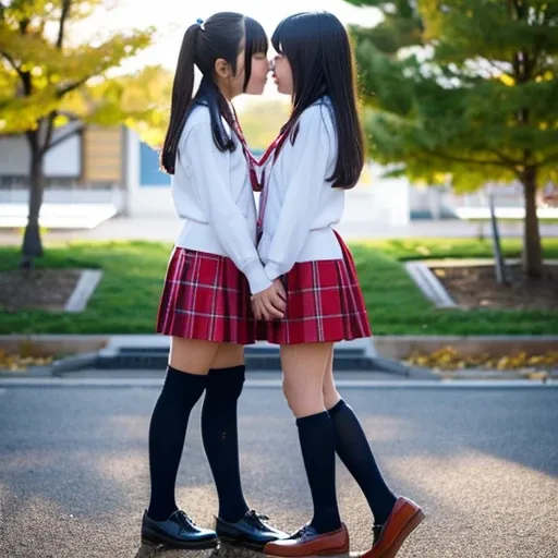 Two Japanese elementary school girls in revealing clothes kissing