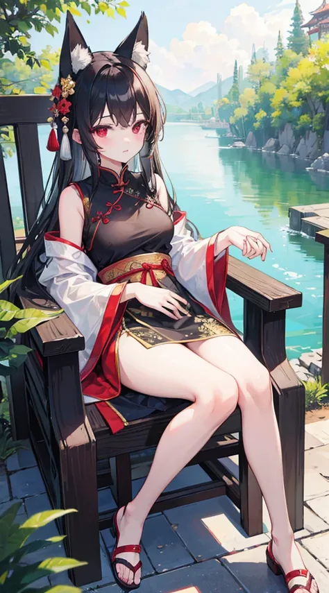 (8k、Top image quality、top quality、masterpiece)、delicate face、Detailed hands、1 girl、Fox ears，Black long hair、Bangs、Red Eyes、Chinese earrings plump breasts、black chinese clothes、Sitting in a red plush chair、Cross your legs、Outdoor sports，A small town in Jian...